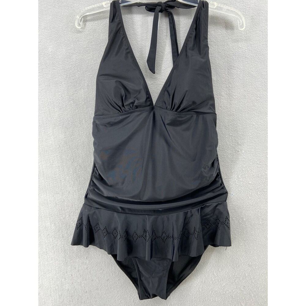NWT Nicole Miller Studio Swimsuit Womens Large Halter Swim Dress Black One Piece